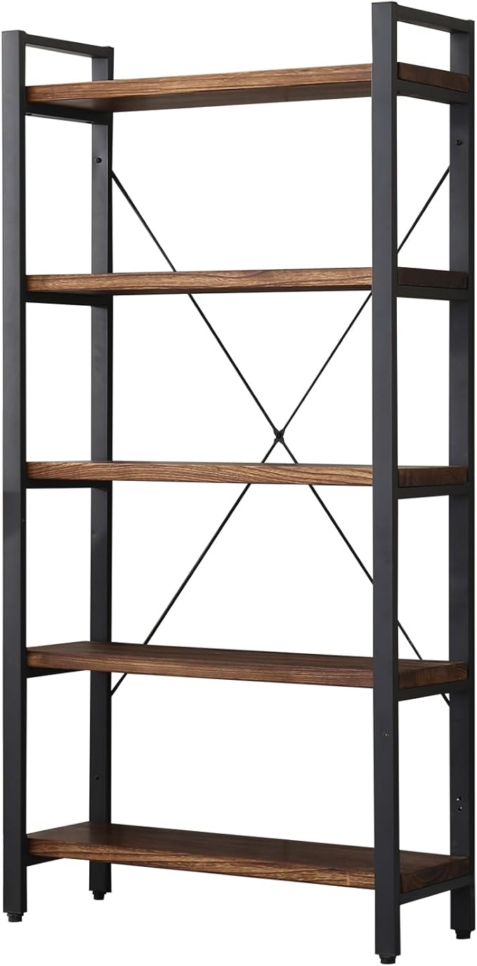 5 Tier Bookcase, Solid Wood Bookshelf Rustic Vintage Industrial Etagere Bookcase, Metal and Wood Free Vintage Bookshelf, Retro Brown (Real Wood) (5-Tiers)-Ruum Studio Home