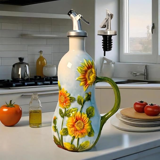 18 Oz Hand Painted Relief Ceramic Olive Oil Bottle Dispenser for Kitchen, Oil and Vinegar Bottle, Seasoning Bottle with Stainless Steel Nozzle, 540mL Oil Container with Handle for Cooking, Light Proof-Ruum Studio Home