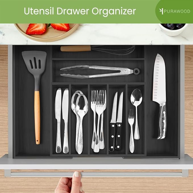 Purawood Bamboo Drawer Organizer - Expandable Silverware Organizer & Utensil Organizer, Cutlery Tray with Dividers, 7-9 Slots - Premium Kitchen Drawer Organizer for Utensils & Flatware (Black)-Ruum Studio Home