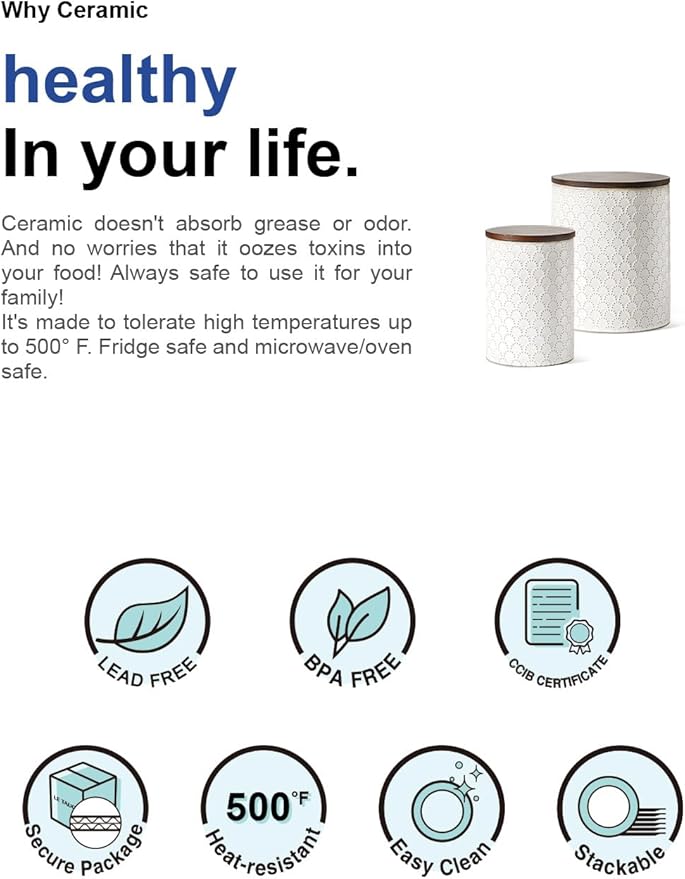 LE TAUCI Food Storage Containers with Airtight Lids, 78/25 oz Ceramic Sugar Canisters Sets, Embossed Large Jars for Pasta, Oats, Coffee Bean, Cookies, Rice, Grains, Tea - Set of 2, Fireworks-Ruum Studio Home