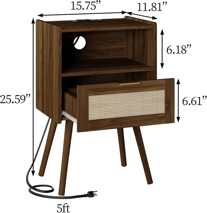 Rattan Nightstand with Outlet,Modern Bedside Table with Storage Drawer and Open Wood Shelf, for Living Room, Bedroom and Small Spaces, Accent Night Stand with Solid Wood Legs,Walnut Brown-Ruum Studio Home