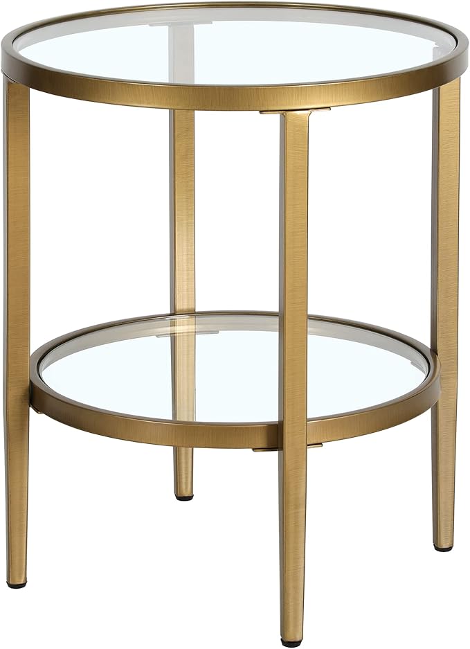 Henn&Hart 20" Wide Round Side Table with Glass Shelf in Antique Brass, Table for Living Room, Bedroom-Ruum Studio Home