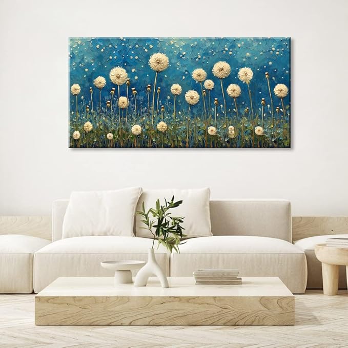 LASMOND Teal Dandelion Wall Art for Living Room Abstract Blowball Canvas Painting Prints Large Flower Floral Grassland Bedroom Decoration Modern Artwork Decor (46x23 Inches)-Ruum Studio Home