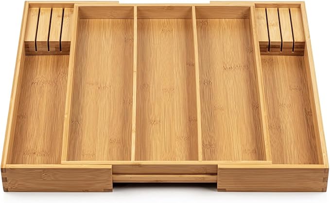 Purawood Kitchen Drawer Organizer with Knife Blocks - Utensil Drawer Organizer for Kitchen, Cutlery Tray & Silverware Organizer, 3-5 Slots - Bamboo Organizer for Utensils & Flatware (Natural)-Ruum Studio Home