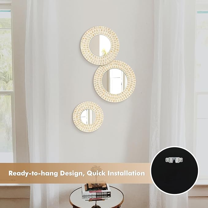 Boho Mirror Wall Decor for Living Room, 3PCS Natural Mother of Pearl Decorative Mirror for Farmhouse Rustic Home, Hanging Sculptures for Women Bedroom Hallway Porch Decoration (Light Brown)-Ruum Studio Home