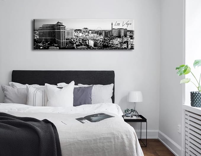 Las Vegas Skyline Wall Art for Living Room American Cityscape Canvas Prints Black and White City Bellagio Fountain Skyscraper Night View Panoramic Pictures Modern Building Poster Framed 13.8"X47.3"-Ruum Studio Home