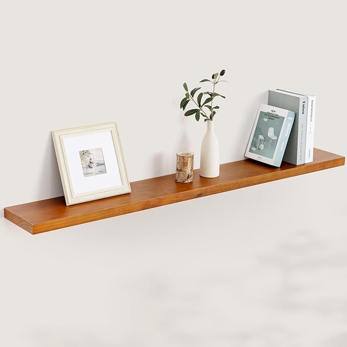 Fun Memories 55 Inches Floating Shelves - 8 Inch Deep Rustic Solid Pine Wood Wall Shelves for Storage - Farmhouse Wall Mounted for Living Room - Heavy-Duty Metal Bracket - 55" W x 8" D - Honey-Ruum Studio Home