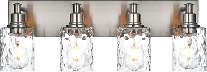 BONLICHT 4-Light Bathroom Vanity Light Fixture Brushed Nickel Industrial Wall Sconce Lighting with Hammered Glass Shade for Living Room Bedroom Hallway Porch Workshop Dressing Table-Ruum Studio Home