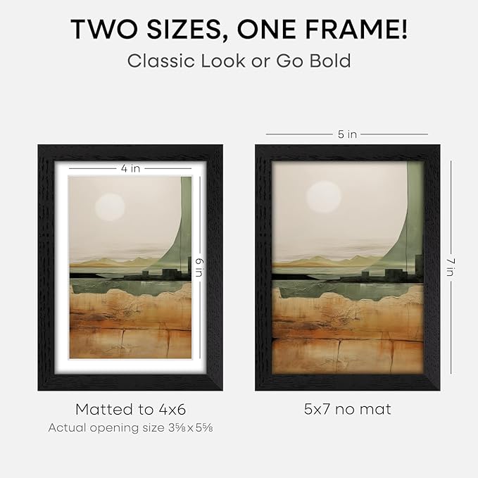 Homeforia 5x7 Picture Frame Black Wood, High End Oak 5by7 Black Wooden Frames with Mat 4x6 Print, 5 x 7 Frame Matted to 4 x 6 inch Photo, 7x5 Wall or Tabletop Frame, Tempered Glass, Wall Kit, Set of 1-Ruum Studio Home