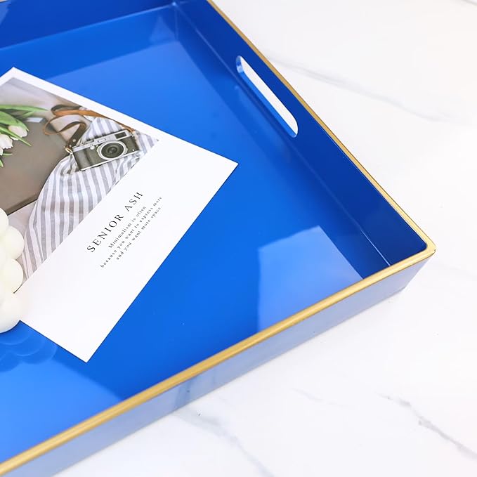 Spsyrine Blue Decorative Tray for Living Room, Square Modern Plastic Coffee Serving Table Tray for Ottoman Bathroom Kitchen,13"*13"-Ruum Studio Home