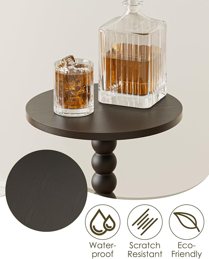 Masupu Round Side Table, Small End Table for Small Spaces, Pedestal Drink Table with Solid Wood Leg for Living Room, Bedroom, Corners(Black)-Ruum Studio Home