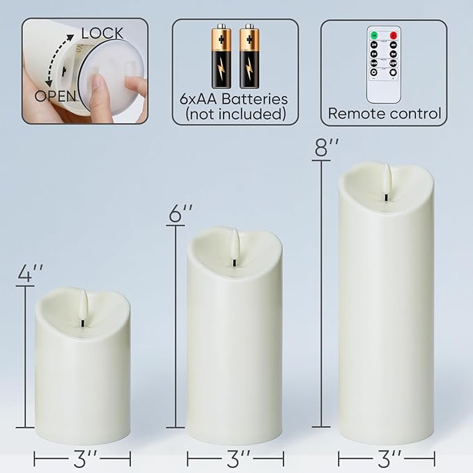 Homemory Flameless Candles with Timer and Remote Control, Battery Operated LED Candles, Realistic Fake Plastic Candles for Wedding, Festival, Home Decor, Waterproof Outdoor, D3”H4”6”8”-Ruum Studio Home