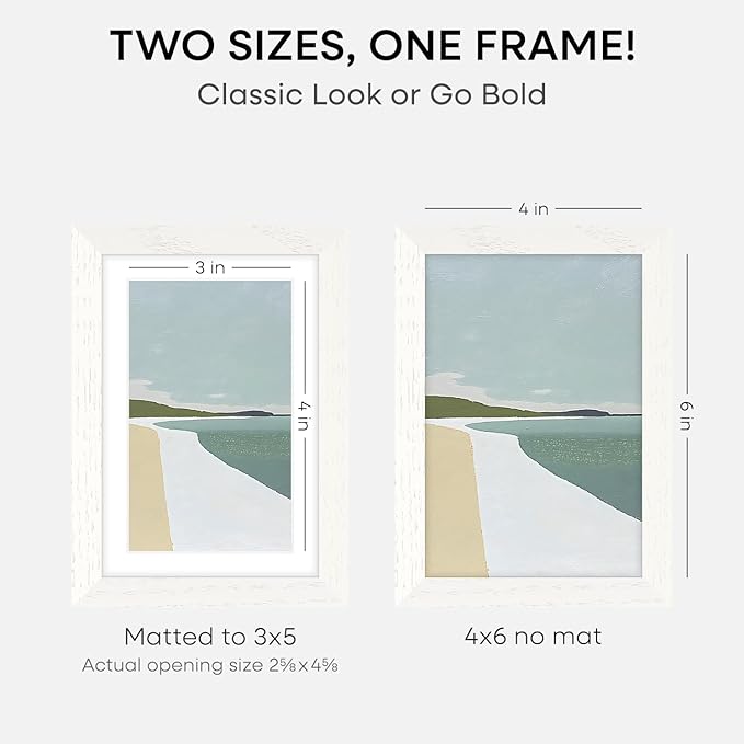 Homeforia White Picture Frames 4x6, High End Oak 4x6 Wooden Frame with Mat 3x5 Art, 4 x 6 White Wood Frames Matted to 3 x 5 inch Photo, 6by4 Wall or Tabletop Frame, Tempered Glass, Wall Kit, Set of 1-Ruum Studio Home