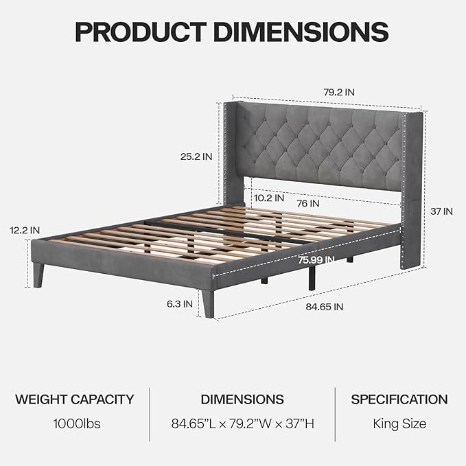 King Size Bed Frame with LED Lights, Upholstered Bed Frame with Wingback Diamond Tufted Headboard, Wood Slats Support, Noise-Free, Easy Assembly, No Box Spring Needed, Grey-Ruum Studio Home
