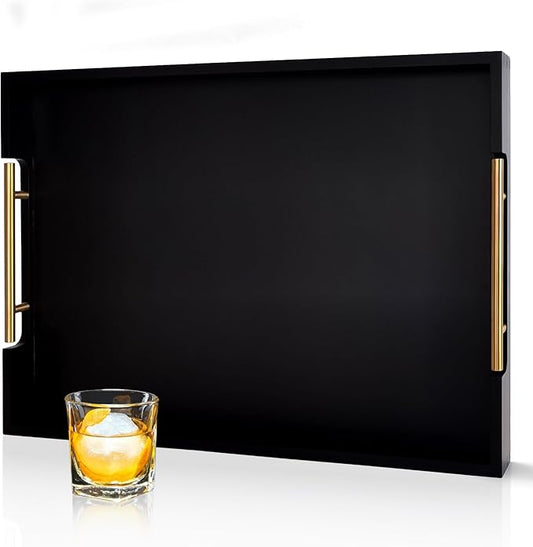 22 Inch Rectangle Black Ottoman Tray with Gold Metal Handles, Extra Large Wooden Serving Tray for Living Room, Coffee Table, Kitchen & Hosting-Ruum Studio Home