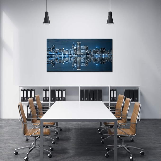 LevvArts Modern City Wall Art Chicago Downtown at Night Picture Print on Canvas Building Artwork for Office Living Room Wall Decoration-Ruum Studio Home