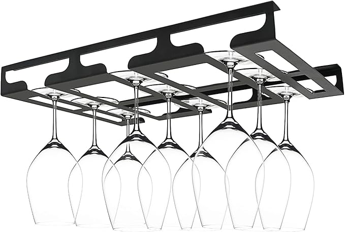 Wine Glass Rack - Under Cabinet Stemware Wine Glass Holder Glasses Storage Hanger Metal Hanging Organizer for Bar Kitchen 3 Rows Black-Ruum Studio Home