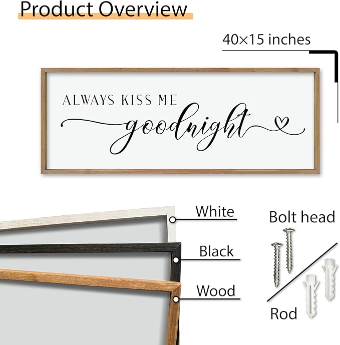 comurdyo Always Kiss Me Goodnight Sign for Bedroom Above bed Wall Decor 40''×15'' Large Wood Frame For Couples Over Bed Hanging Wall Art (Wood)-Ruum Studio Home