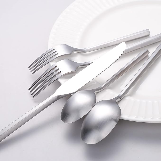Matte Silverware Set Silver Flatware Set with Hexagon Handle 20 Pieces 18/0 Stainless Steel Cutlery Set Wedding Housewarming Gift Service for 4 (Matt silver)-Ruum Studio Home