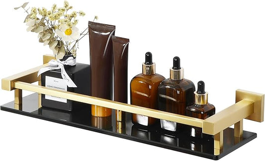 Alise Bathroom Glass Shelf with Stainless Steel Railing, Gold Small Tempered Glass Floating Wall Shelf Over The Toilet, 16 inch-Ruum Studio Home