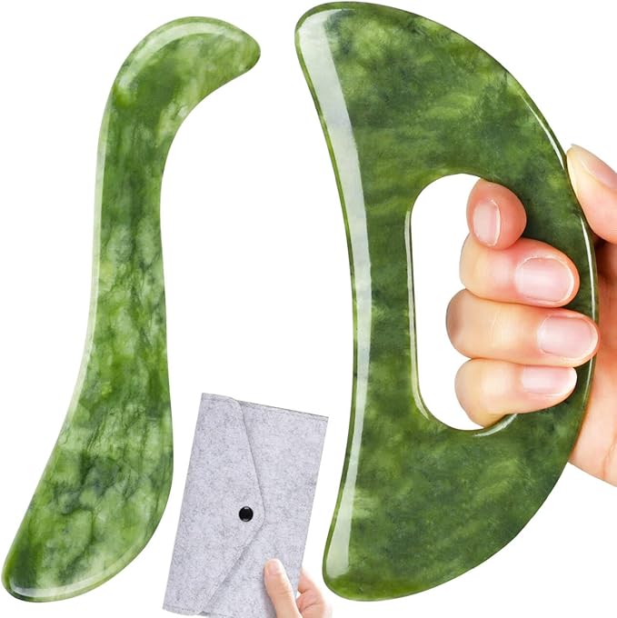 2 PCS Jade Stone Gua Sha Massage Tool, Large Guasha Muscle Scraper Tools Set with Handle Muscle Scraping Massage Tools S Shaped Anti Cellulite Spa Acupuncture Tools for Lymphatic Drainage-Ruum Studio Home