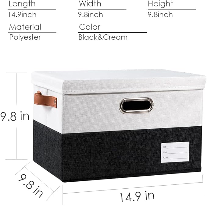 PRANDOM Foldable Storage Bins with Lids [3-Pack] Fabric Collapsible Storage Boxes Baskets Cubes Containers with Handles for Closet Living Room Bedroom (Black & White 14.9x9.8x9.8'')-Ruum Studio Home