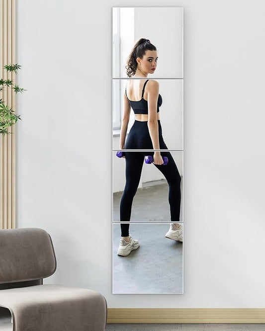 Full Length Wall Mirror Tiles, 12'' x 12'' x 4PCS, Acrylic Unbreakable Full Body Mirror for Bedroom Squares Shatterproof Mirror Sheets Wall Mounted for Home Gym Door Plexiglass Mirrors Safe for Kids-Ruum Studio Home