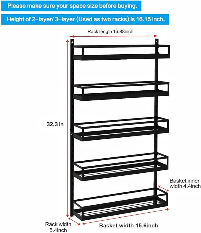 X-cosrack Wall Mount Spice Rack Organizer 5 Tier Height-Adjustable Hanging Spice Shelf Storage for Kitchen Pantry Cabinet, Dual-Use Seasoning Holder Rack with Hooks, Black-Patented-Ruum Studio Home