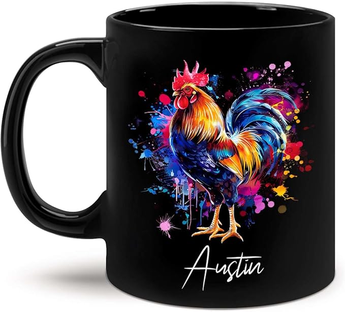 Customized Name Rooster Coffee Mug - Gift for Men Women, Personalized Black Cup, Unique Chicken Ceramic 11oz 15oz, Funny Colorful Themed-Ruum Studio Home