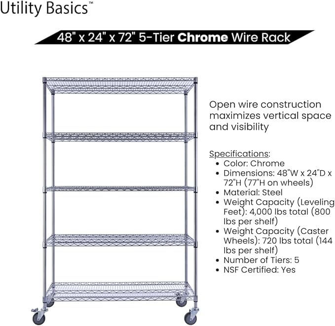 48"x24"x72" Chrome 5-Tier PREMIUM Wire Shelving NSF 4000 LBS MAX CAPACITY Heavy Duty Steel Storage Rack for Warehouses, Garages, Hospitals, Commercial Spaces, & Schools w/PREMIUM WHEELS-Ruum Studio Home