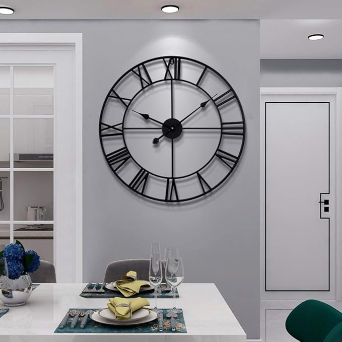 LEIKE Large Wall Clock, 24" Completely Silent, Non Ticking, Battery-Operated,Rustic Round Modern Metal Wall Clock Decor for Living Room, Bedroom and Kitchen, (60cm, Black-Roman Number)-Ruum Studio Home