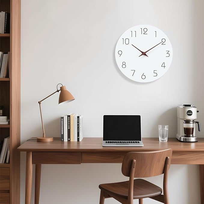 Mosewa Wall Clock 10 Inch Silent Non Ticking Wood Battery Operated Wooden White Modern Office Simple Minimalist Decorative for Kitchen Home Bathroom Living Room-Ruum Studio Home