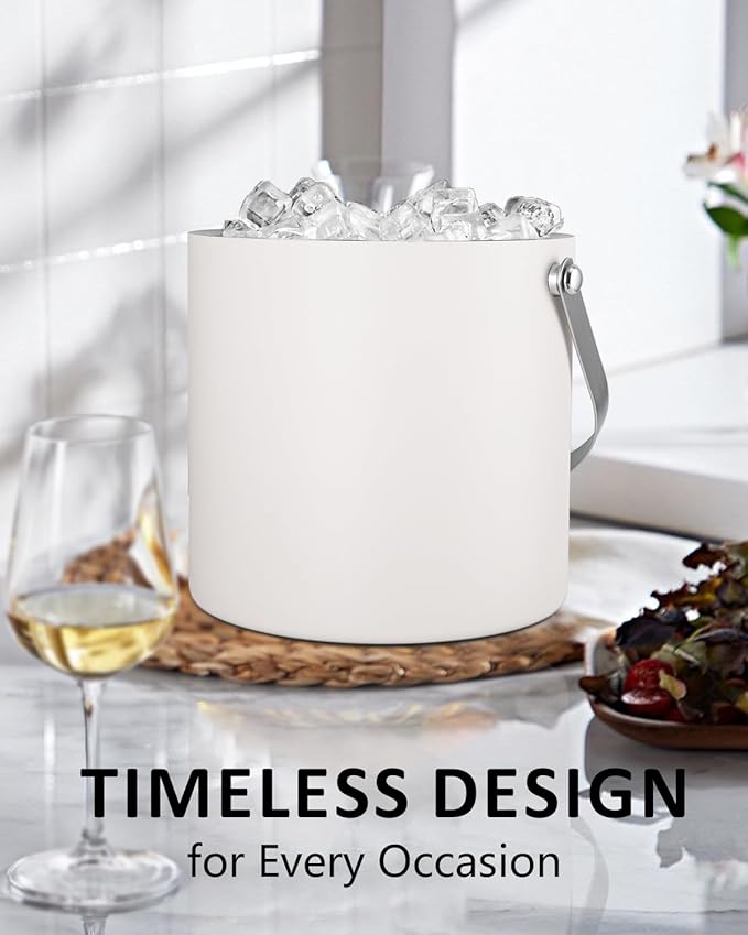 Insulated Ice Bucket with Silicone Lid, Scoop, Tongs & Strainer, 3L Stainless Steel Double Wall Ice Buckets for Parties & Cocktail Bar, Champagne Ice Bucket with Lid for Freezer, Ivory-Ruum Studio Home