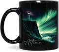 Customized Name Black Coffee Mug, Personalized Beautiful Northern Lights And Lighthouse Mug, Custom Mystical Ocean View Ceramic Cup, Gift For Women Men, Nature Themed Mug 11oz 15oz-Ruum Studio Home