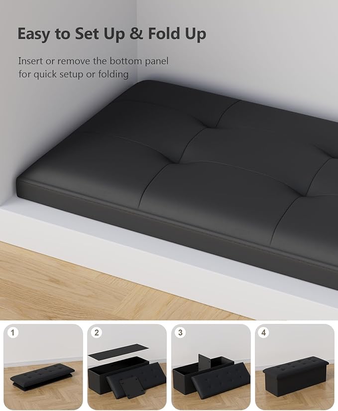 Storage Ottoman Bench, Folding Ottoman Foot Rest, 15 x 43 x 15 Inches, End of Bed Bench,Storage Chest, for Living Room, Bedroom, Hallway, Entryway, Holds up to 700 lb,Black-Ruum Studio Home