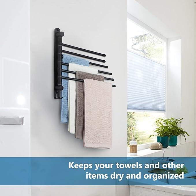 Space Saving Towel Rack JSVER Black Space Saving Towel Holder, Towel Rack Wall Mounted, Swivel Hand Towel Holder, 6-Arms Towel Bar, Towel Racks for Bathroom-Ruum Studio Home