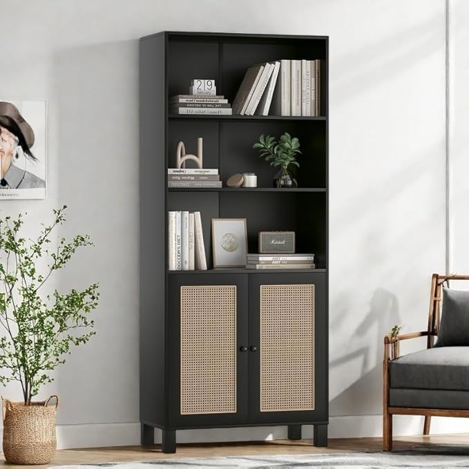 Tall Bookshelf, 5-Tier Book Shelf with 2 Rattan Doors, Freestanding Bookcase Display Shelves with Large Storage, Book Case for Living Room, Office, Study, Bedroom, 70.9 Inch-Ruum Studio Home