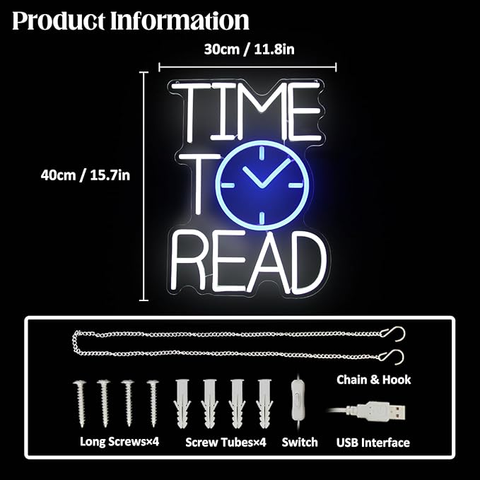Time To Read Neon Sign Read Books Neon Light White Letter LED Signs Blue Clock Neon Read Light Up Sign for Bedroom Classroom Library Reading Corner Bookstore Decor-Ruum Studio Home