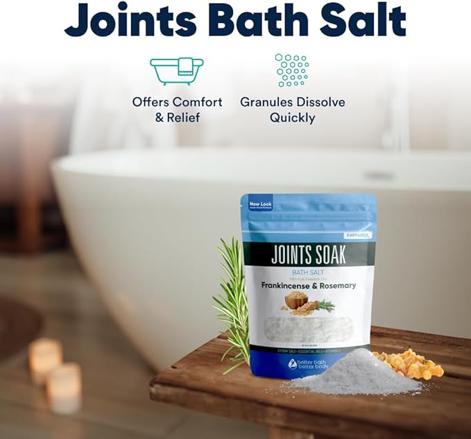 Joints Soak Bath Salt 32 Ounces Epsom Salt with Natural Rosemary, Frankincense and Peppermint Essential Oils Plus Vitamin C in BPA Free Pouch with Easy Press-Lock Seal-Ruum Studio Home