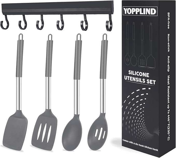 5-Piece Silicone Kitchen Tool Set, BPA-Free, Heat-Resistant, Non-Stick & Dishwasher-Safe, with Slotted/Solid Spoons & Spatulas for Frying, Mixing, Draining – Includes Multi-Purpose Serving Hook(Gray)-Ruum Studio Home