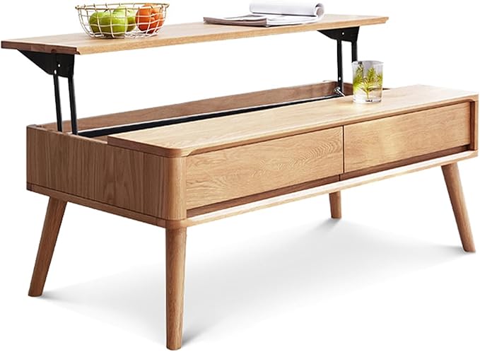 100% Solid Wood Lift Top Coffee Table for Living Room, Mid Century Modern Tables with Drawers and Large Storage, Oak Coffee Tables for Small Spaces (Oak Wood Log, 39.37" W x 21.65" D x 25.59" H)-Ruum Studio Home
