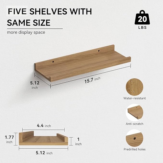RICHER HOUSE 5 Set Floating Shelves for Wall Decor, Wall Mounted Book Shelf, Nursery Shelves Picture Ledge Shelf with Lip for Wall Storage, Bedroom, Living Room, Bathroom - Oak-Ruum Studio Home