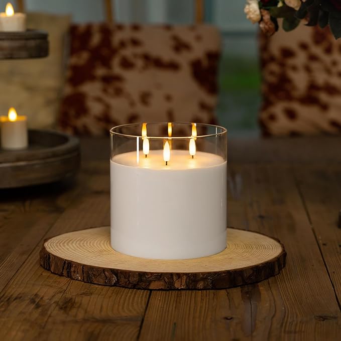 Homemory 6X6'' Extra Large Flameless Candle with 3 Wicks, Glass LED Pillar Candle, Real Wax Battery Operated Candle with Remote Control and Timer, Pure White-Ruum Studio Home