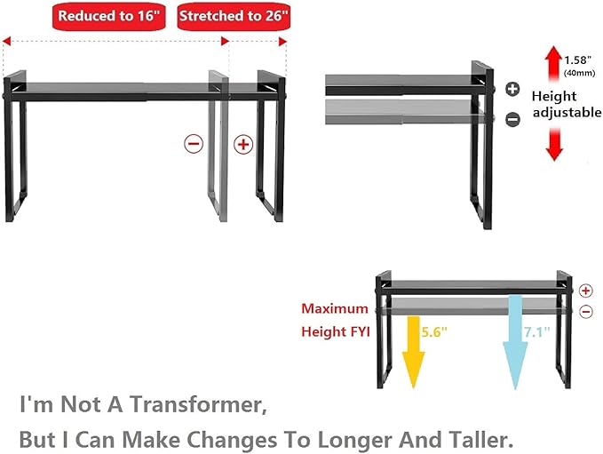 Expandable Cabinet Shelf Organizer 16-26" L Stackable Kitchen Counter Shelf Rack Sink Riser Countertop Storage Black (Normal 7.9”D)-Ruum Studio Home