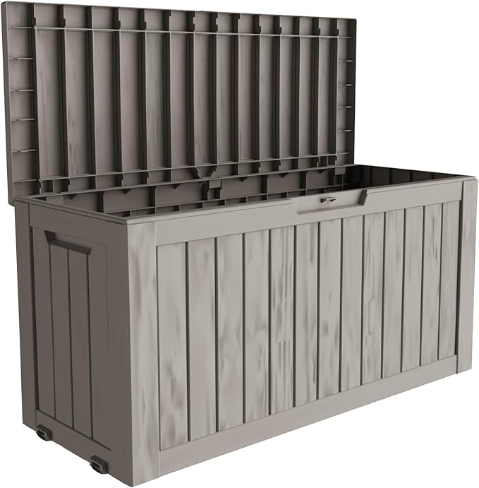 75 Gallon Double-Wall Resin Deck Box - Lockable Waterproof Outdoor Storage Box, 515lbs Capacity & Doubles as Seating for Patio Furniture - Garden Tools, Pool Accessories (Brown)-Ruum Studio Home