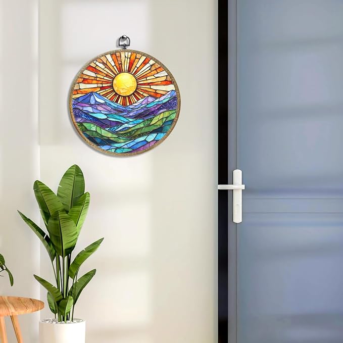 Colorful Mountain Sunset Bohemian Style Rainbow Sunrise Art Gift Framed Round Wall Decor Canvas Wall Art Hanging Prints Artwork for Home Nursery Bedroom Door Office Porch Decorations 10.2X10.2 Inch-Ruum Studio Home