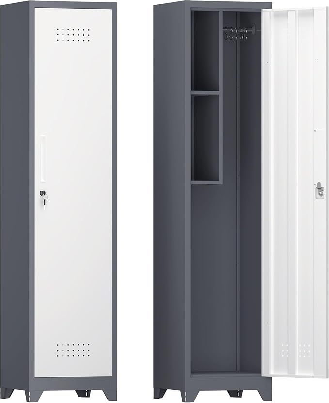 Storage Cabinet,Slim Broom Closet Storage Cabinets with Lockable Doors,Narrow Utility Cabinets with Hanging Rod,Tall Broom Closet for Laundry,Home Office,Grey-White-Ruum Studio Home