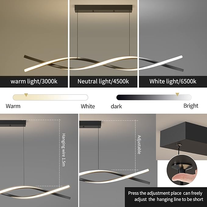 Modern Ceiling Pendant Light, Dimmable LED Pendant Light, Dimmable 3 Color Mode Chandelier for Living Room, Dining Room, Kitchen, Bedroom,Bar(Black, 39IN)-Ruum Studio Home