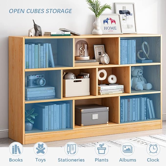 IOTXY Open Shelf Low Bookcase - Wooden 3-Tier Floor Standing Display Cabinet Organizer with Base, 7 Cubes Short Horizontal Bookshelf in Tiffany-Green-Ruum Studio Home