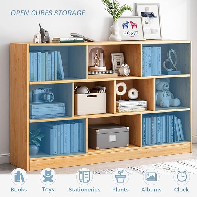IOTXY Open Shelf Low Bookcase - Wooden 3-Tier Floor Standing Display Cabinet Organizer with Base, 10 Cubes Short Horizontal Bookshelf in Bright Blue-Ruum Studio Home